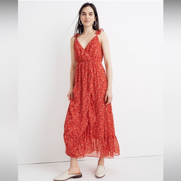 Madewell Dresses & Skirts - Madewell Ruffle-Strap Wrap Dress Metallic Striped Prairie Posies Red